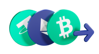 Crypto symbols with a purple arrow pointing to the right